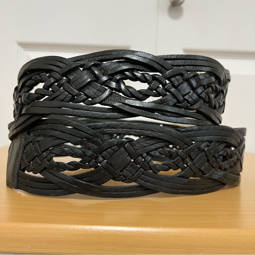 Chico’s Wide Braided Black Leather Belt w/ Large Silver & Brass Metal Buckle S/M - Picture 9 of 15